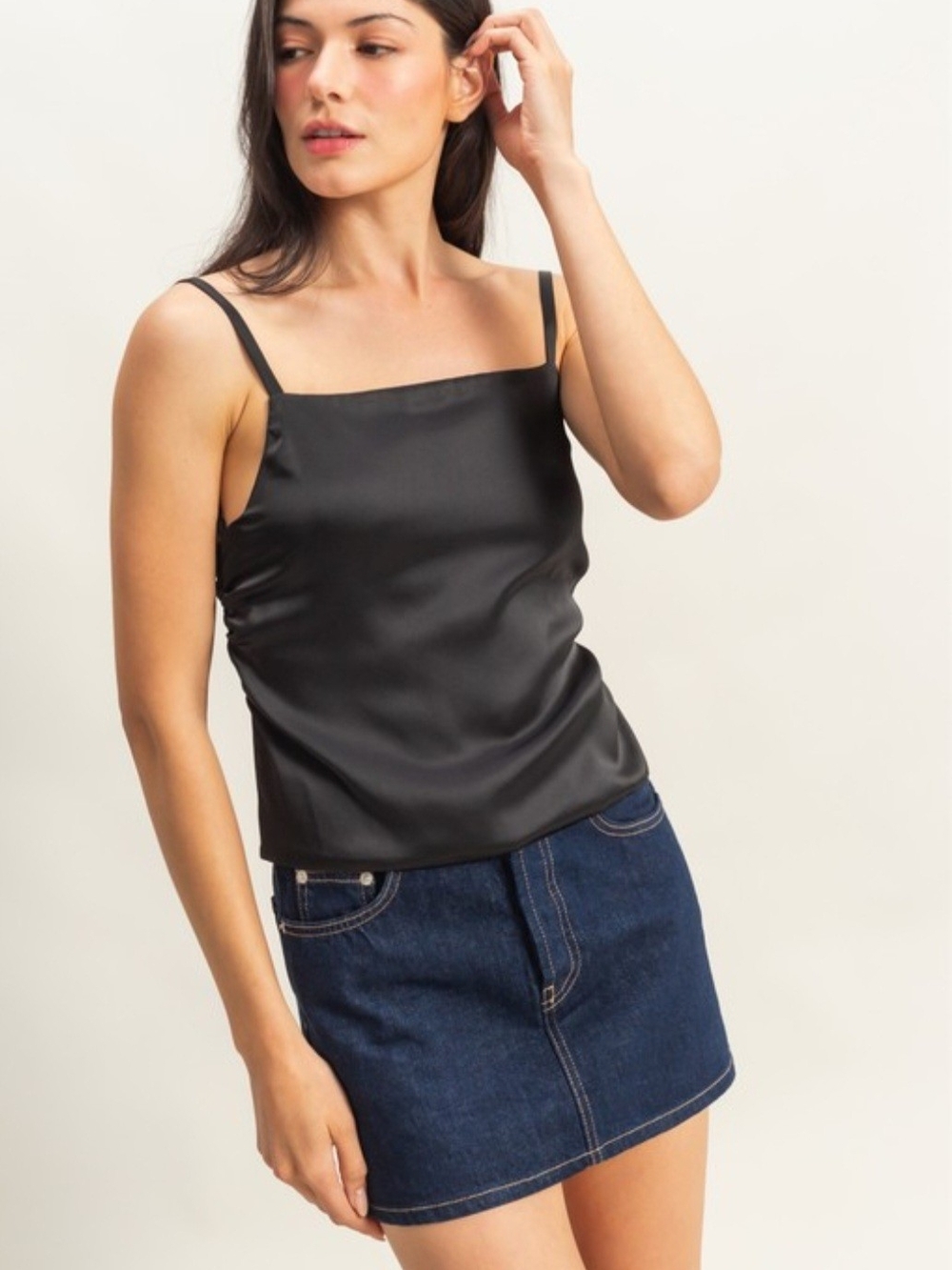 HYFVE Black Satin Square-Neck Cami
